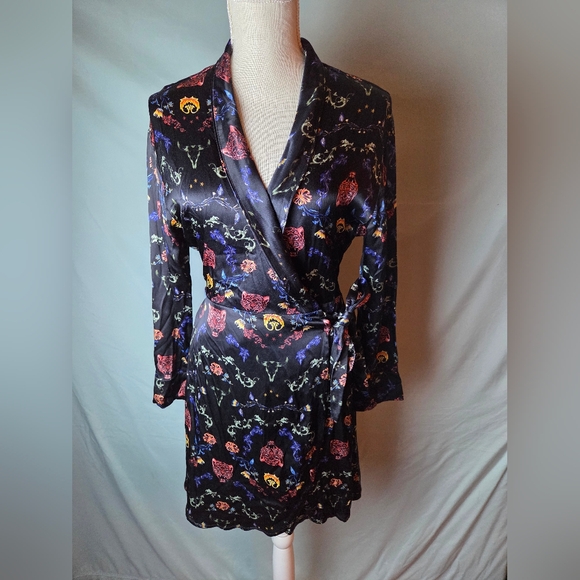 Alix Short Wrap Dress Blk Leopard Floral Satin Long Sleeve Party/club/ Sz XS